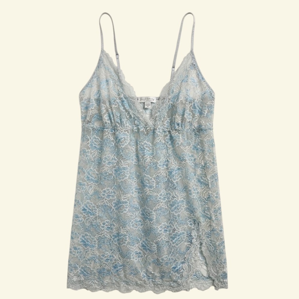 Blue White Floral Lace Chemise Nightgown 1x Plus Size Romantic Sexy Cottagecore